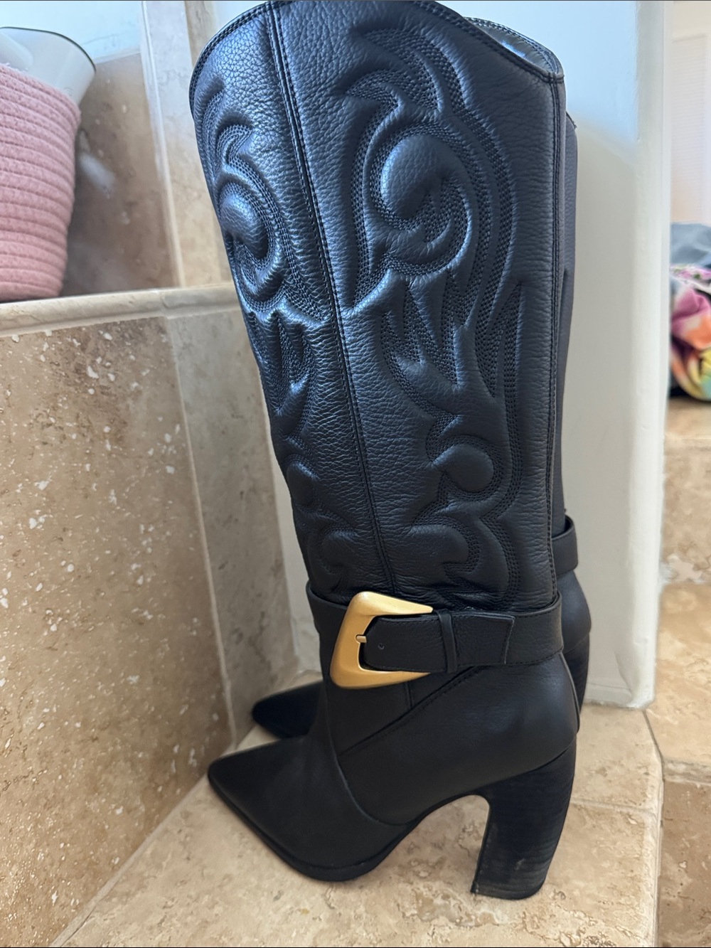 Vince Camuto Black Pointed-Toe Over-the-Knee Boots with Gold Buckle - Picture 3 of 6